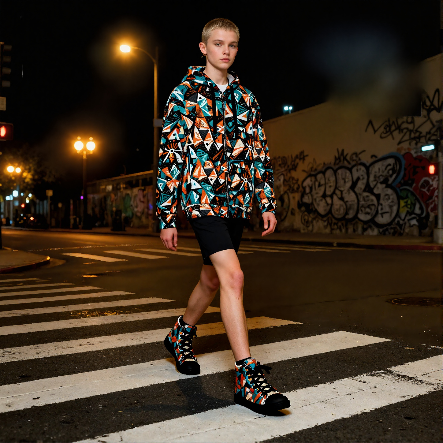 Person wearing a colorful geometric jacket and shorts walking on a crosswalk at night.