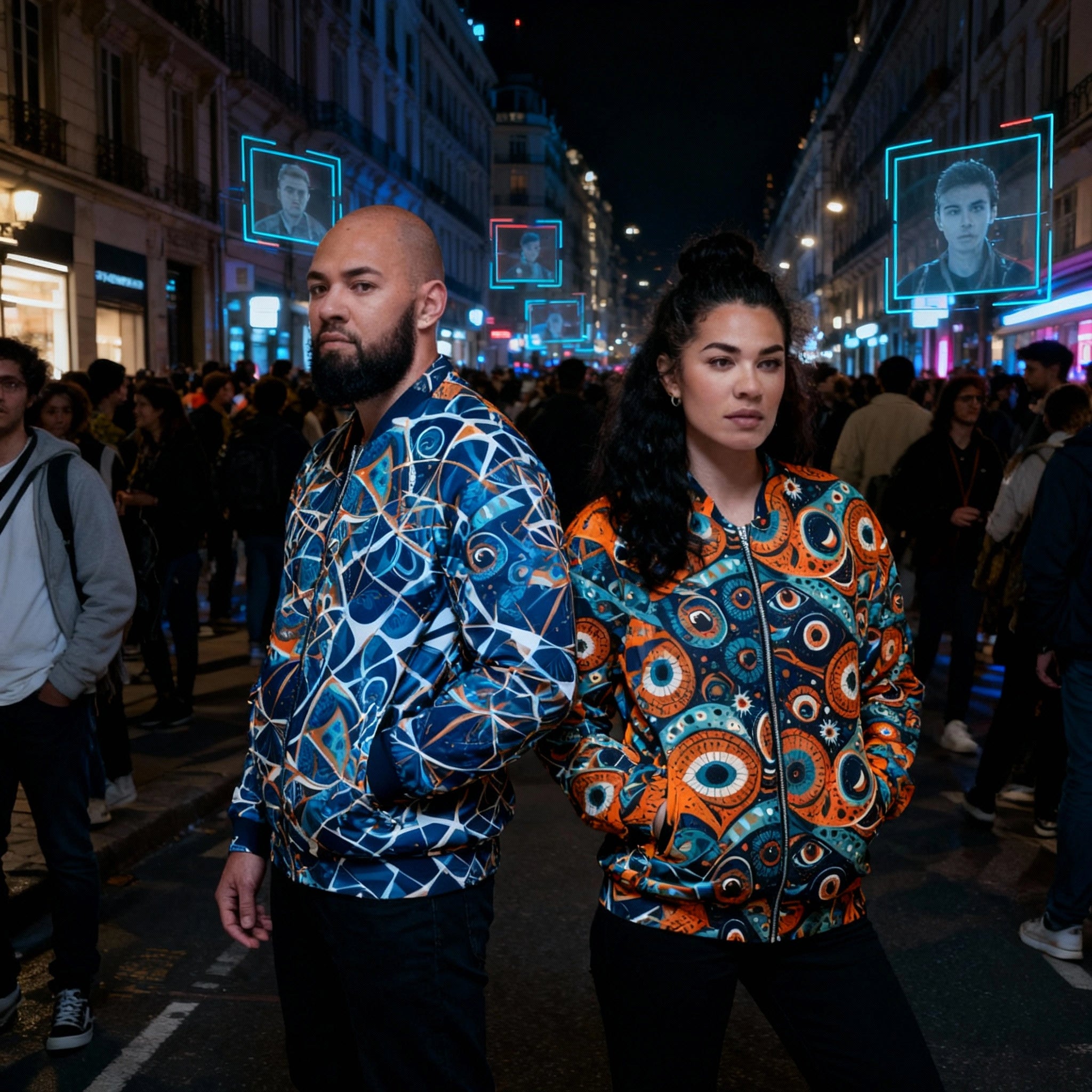 Two people wearing colorful jackets standing on a street at night with illuminated signs in the background.