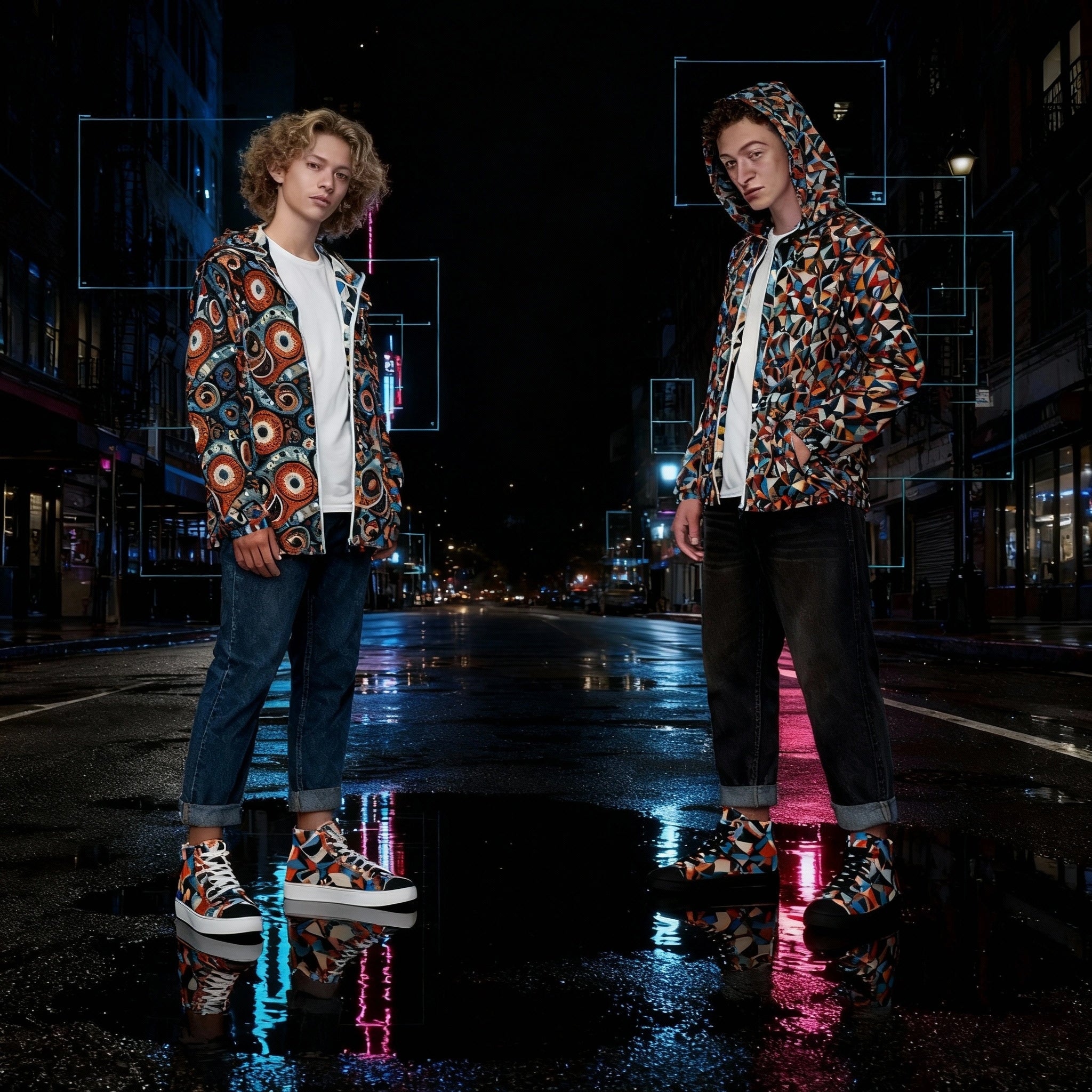 Two people wearing patterned jackets and shoes on a city street at night.