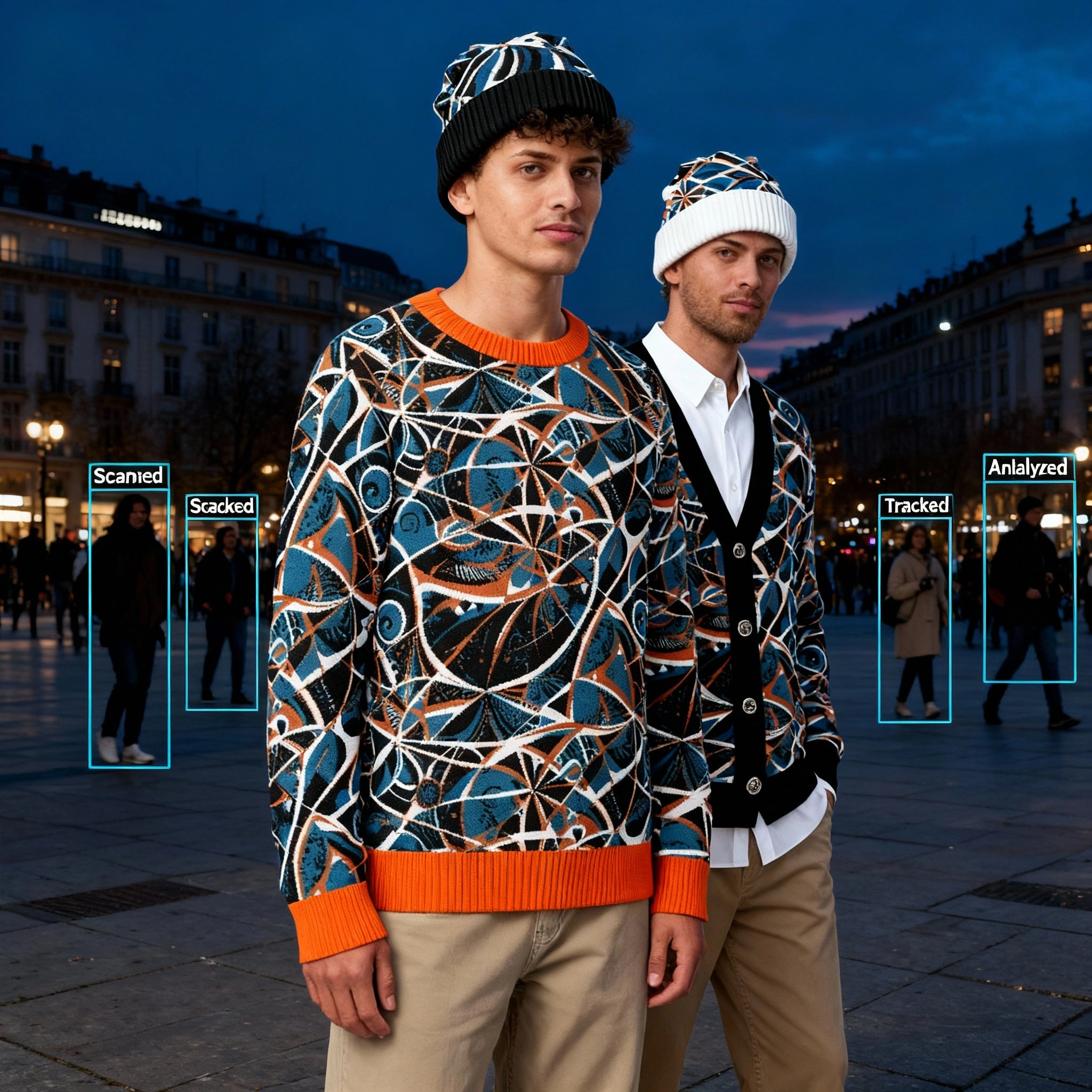 Two men standing on a city street at night, with digital overlays showing scanning and tracking technology.