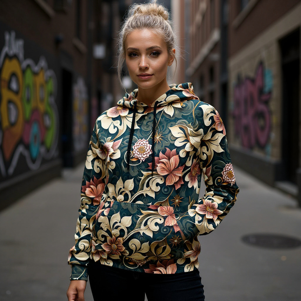 Woman wearing a floral hoodie in an urban setting with graffiti.
